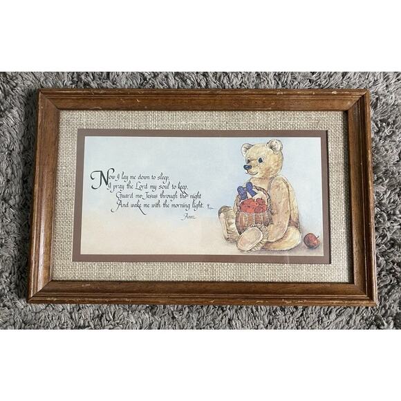 The Childs Prayer Now I Lay Me Down To Sleep Framed Picture Teddy Bear, Vintage - Picture 1 of 9